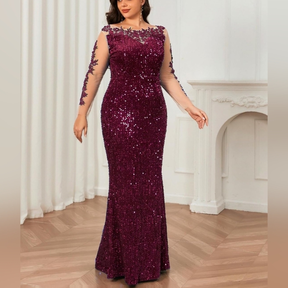 Burgundy Sequin Long Sleeve Evening Gown